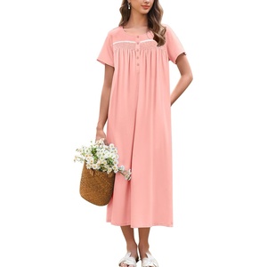 image:imageEkouaer Cotton Nightgowns for Women Long Night Gown Short Sleeve Sleepdress Victorian Sleepwear Nightdress with PocketsLight Pink