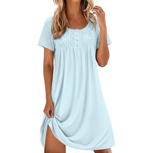 image:imageEkouaer Cotton Nightgowns for Women Short Sleeve House Dress Pleated Night Gown Button Sleep Shirt Ladies NightdressBaby Blue