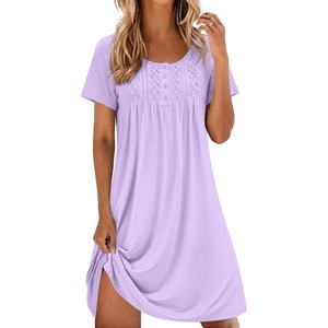 image:imageEkouaer Cotton Nightgowns for Women Short Sleeve House Dress Pleated Night Gown Button Sleep Shirt Ladies NightdressLavender Purple