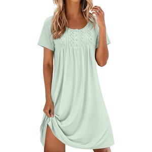 image:imageEkouaer Cotton Nightgowns for Women Short Sleeve House Dress Pleated Night Gown Button Sleep Shirt Ladies NightdressLight Green