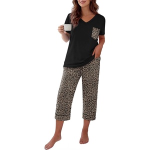 image:imageEkouaer Cotton Pajamas for Women Set Short Sleeve Top and Capri Pants Lounge Sets with Pockets Soft SleepwearBlack and Brown Leopard