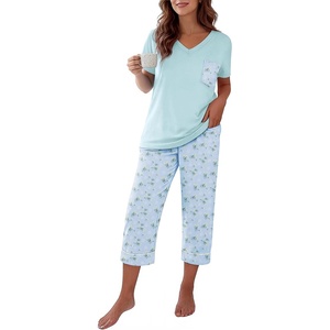 image:imageEkouaer Cotton Pajamas for Women Set Short Sleeve Top and Capri Pants Lounge Sets with Pockets Soft SleepwearBlue Flowers
