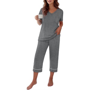 image:imageEkouaer Cotton Pajamas for Women Set Short Sleeve Top and Capri Pants Lounge Sets with Pockets Soft SleepwearGrey