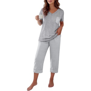 image:imageEkouaer Cotton Pajamas for Women Set Short Sleeve Top and Capri Pants Lounge Sets with Pockets Soft SleepwearGrey Stripe