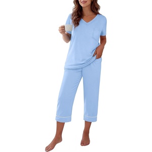 image:imageEkouaer Cotton Pajamas for Women Set Short Sleeve Top and Capri Pants Lounge Sets with Pockets Soft SleepwearLight Blue