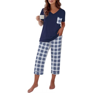 image:imageEkouaer Cotton Pajamas for Women Set Short Sleeve Top and Capri Pants Lounge Sets with Pockets Soft SleepwearNavy Blue Plaid