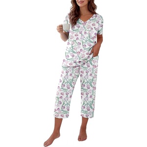 image:imageEkouaer Cotton Pajamas for Women Set Short Sleeve Top and Capri Pants Lounge Sets with Pockets Soft SleepwearPurple Flowers