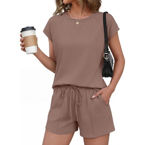image:imageEkouaer Cotton Two Piece Sets for Women Summer Short Set Crew Neck Matching Sets Cap Sleeve Vacation Outfits With PocketBrown