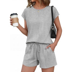 image:imageEkouaer Cotton Two Piece Sets for Women Summer Short Set Crew Neck Matching Sets Cap Sleeve Vacation Outfits With PocketLight Heather Grey
