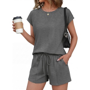 image:imageEkouaer Cotton Two Piece Sets for Women Summer Short Set Crew Neck Matching Sets Cap Sleeve Vacation Outfits With PocketMedium Heather Grey