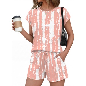 image:imageEkouaer Cotton Two Piece Sets for Women Summer Short Set Crew Neck Matching Sets Cap Sleeve Vacation Outfits With PocketTiedye Pink