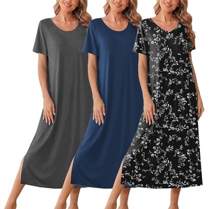 image:imageEkouaer Long Nightgowns for Women 3 Pack Night Gown Short Sleeve House Dress V Neck Lounge Dress Plus Size Sleep ShirtsBlack FloralGreyBlue