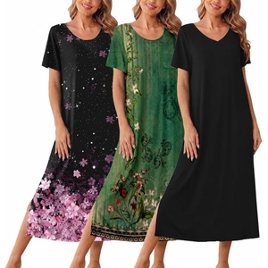 image:imageEkouaer Long Nightgowns for Women 3 Pack Night Gown Short Sleeve House Dress V Neck Lounge Dress Plus Size Sleep ShirtsBlackBlack Pink FloralGreen Floral
