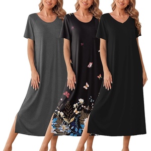 image:imageEkouaer Long Nightgowns for Women 3 Pack Night Gown Short Sleeve House Dress V Neck Lounge Dress Plus Size Sleep ShirtsBlackGreyBlack Butterfly