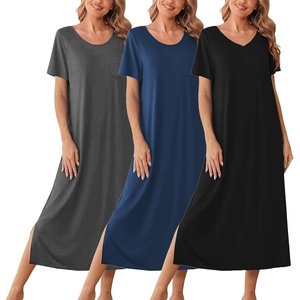 image:imageEkouaer Long Nightgowns for Women 3 Pack Night Gown Short Sleeve House Dress V Neck Lounge Dress Plus Size Sleep ShirtsBlackGreyBlue