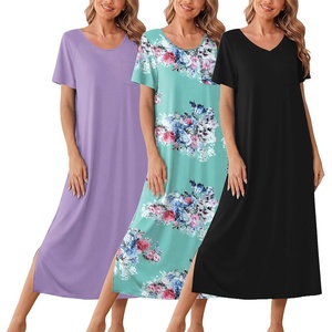 image:imageEkouaer Long Nightgowns for Women 3 Pack Night Gown Short Sleeve House Dress V Neck Lounge Dress Plus Size Sleep ShirtsBlackLilacGreen Flower