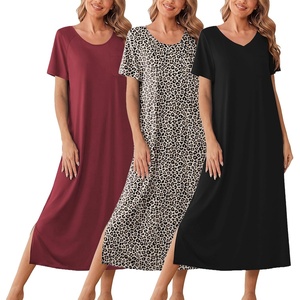 image:imageEkouaer Long Nightgowns for Women 3 Pack Night Gown Short Sleeve House Dress V Neck Lounge Dress Plus Size Sleep ShirtsBlackWine RedLeopard