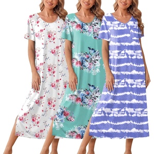 image:imageEkouaer Long Nightgowns for Women 3 Pack Night Gown Short Sleeve House Dress V Neck Lounge Dress Plus Size Sleep ShirtsTie Dye BlueWhite FloralGreen Flower