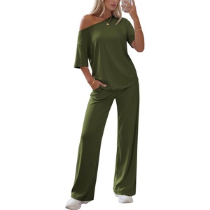 image:imageEkouaer Lounge Sets for Women Off ShoulderRight Short Sleeve Tops and Long Pants 2 Piece Set Summer Soft Matching OutfitArmy Green