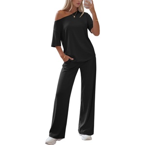 image:imageEkouaer Lounge Sets for Women Off ShoulderRight Short Sleeve Tops and Long Pants 2 Piece Set Summer Soft Matching OutfitBlack