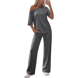 image:imageEkouaer Lounge Sets for Women Off ShoulderRight Short Sleeve Tops and Long Pants 2 Piece Set Summer Soft Matching OutfitDark Gray