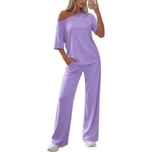 image:imageEkouaer Lounge Sets for Women Off ShoulderRight Short Sleeve Tops and Long Pants 2 Piece Set Summer Soft Matching OutfitLilac