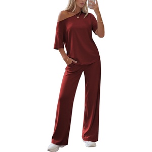 image:imageEkouaer Lounge Sets for Women Off ShoulderRight Short Sleeve Tops and Long Pants 2 Piece Set Summer Soft Matching OutfitWine Red