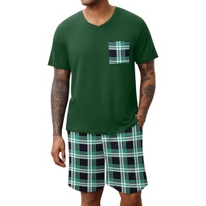 image:imageEkouaer Mens Pajamas Set Soft Lounge Set V Neck Sleep Nightwear Short Sleeve Pjs with Pocket SXXL02 Green Plaid