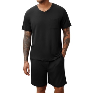image:imageEkouaer Mens Pajamas Set Soft Lounge Set V Neck Sleep Nightwear Short Sleeve Pjs with Pocket SXXLBlack
