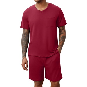 image:imageEkouaer Mens Pajamas Set Soft Lounge Set V Neck Sleep Nightwear Short Sleeve Pjs with Pocket SXXLDark Red