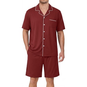 image:imageEkouaer Mens Pajamas Set Summer Short Sleeve Button Up Pjs 2 Piece Sleepwear with Pockets SXXXLWine Red