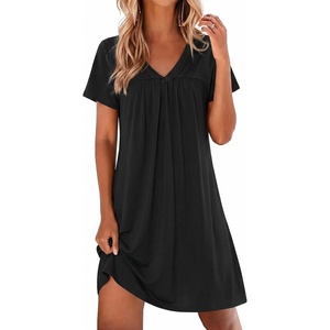 image:imageEkouaer Nightgowns for Women V Neck Sleepshirt Short Sleeve Nightdress Lace Trim Night Gown House Dress with PocketsBlack