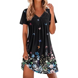 image:imageEkouaer Nightgowns for Women V Neck Sleepshirt Short Sleeve Nightdress Lace Trim Night Gown House Dress with PocketsBlack Flowers