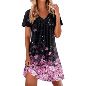 image:imageEkouaer Nightgowns for Women V Neck Sleepshirt Short Sleeve Nightdress Lace Trim Night Gown House Dress with PocketsBlack Sakura