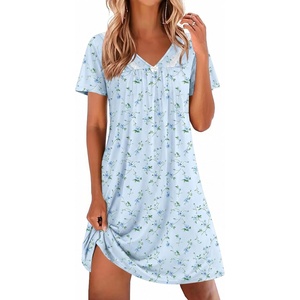 image:imageEkouaer Nightgowns for Women V Neck Sleepshirt Short Sleeve Nightdress Lace Trim Night Gown House Dress with PocketsBlue Floral