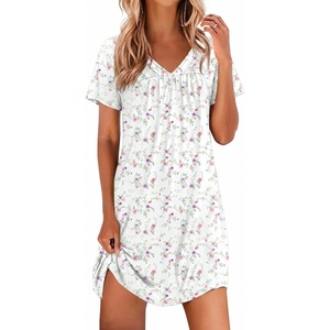 image:imageEkouaer Nightgowns for Women V Neck Sleepshirt Short Sleeve Nightdress Lace Trim Night Gown House Dress with PocketsColorful Flowers
