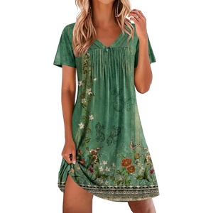 image:imageEkouaer Nightgowns for Women V Neck Sleepshirt Short Sleeve Nightdress Lace Trim Night Gown House Dress with PocketsGreen Flowers