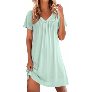 image:imageEkouaer Nightgowns for Women V Neck Sleepshirt Short Sleeve Nightdress Lace Trim Night Gown House Dress with PocketsLight Green