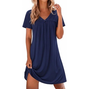 image:imageEkouaer Nightgowns for Women V Neck Sleepshirt Short Sleeve Nightdress Lace Trim Night Gown House Dress with PocketsNavy Blue