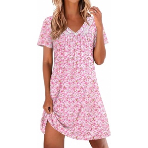 image:imageEkouaer Nightgowns for Women V Neck Sleepshirt Short Sleeve Nightdress Lace Trim Night Gown House Dress with PocketsPink Floral