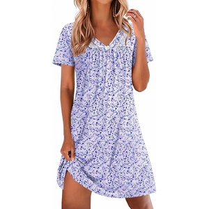 image:imageEkouaer Nightgowns for Women V Neck Sleepshirt Short Sleeve Nightdress Lace Trim Night Gown House Dress with PocketsPurple Dots