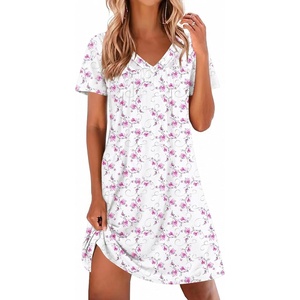 image:imageEkouaer Nightgowns for Women V Neck Sleepshirt Short Sleeve Nightdress Lace Trim Night Gown House Dress with PocketsPurple Floral