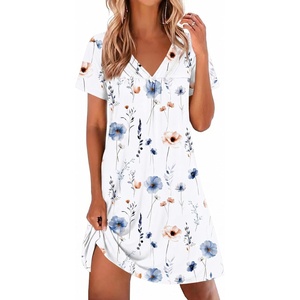 image:imageEkouaer Nightgowns for Women V Neck Sleepshirt Short Sleeve Nightdress Lace Trim Night Gown House Dress with PocketsWhite Flowers
