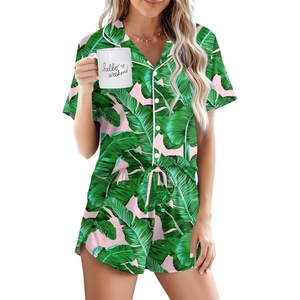 image:imageEkouaer Pajamas for Women Set Button Up Sleepwear 2 Piece Pjs Lounge Set Short Sleeve NightwearLeaves