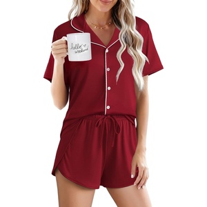 image:imageEkouaer Pajamas for Women Set Button Up Sleepwear 2 Piece Pjs Lounge Set Short Sleeve NightwearWine Red