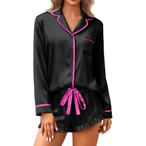 image:imageEkouaer Satin Pajamas Set for Women 2 Piece Silky Long Sleeve and Ruffle Shorts Pajamas Button Down Pjs Loungewear SetBlack
