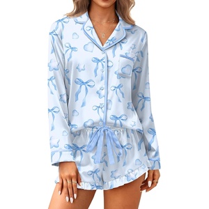 image:imageEkouaer Satin Pajamas Set for Women 2 Piece Silky Long Sleeve and Ruffle Shorts Pajamas Button Down Pjs Loungewear SetBlue Bow Hearts