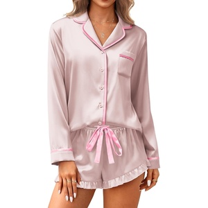 image:imageEkouaer Satin Pajamas Set for Women 2 Piece Silky Long Sleeve and Ruffle Shorts Pajamas Button Down Pjs Loungewear SetChampagne