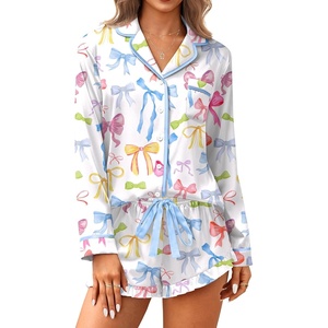 image:imageEkouaer Satin Pajamas Set for Women 2 Piece Silky Long Sleeve and Ruffle Shorts Pajamas Button Down Pjs Loungewear SetColorful Bows