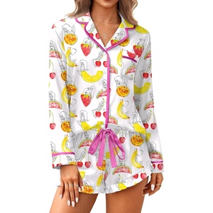 image:imageEkouaer Satin Pajamas Set for Women 2 Piece Silky Long Sleeve and Ruffle Shorts Pajamas Button Down Pjs Loungewear SetColorful Fruit Prints